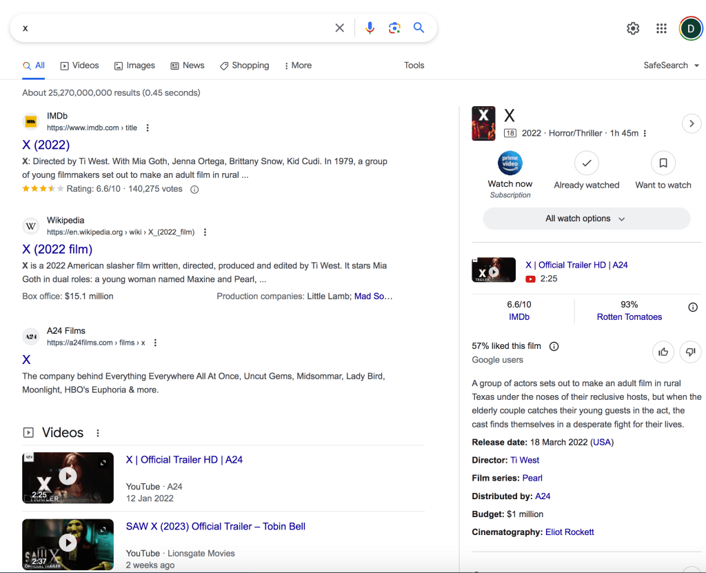 X SERP showing x the film and eventually X (formerly Twitter)